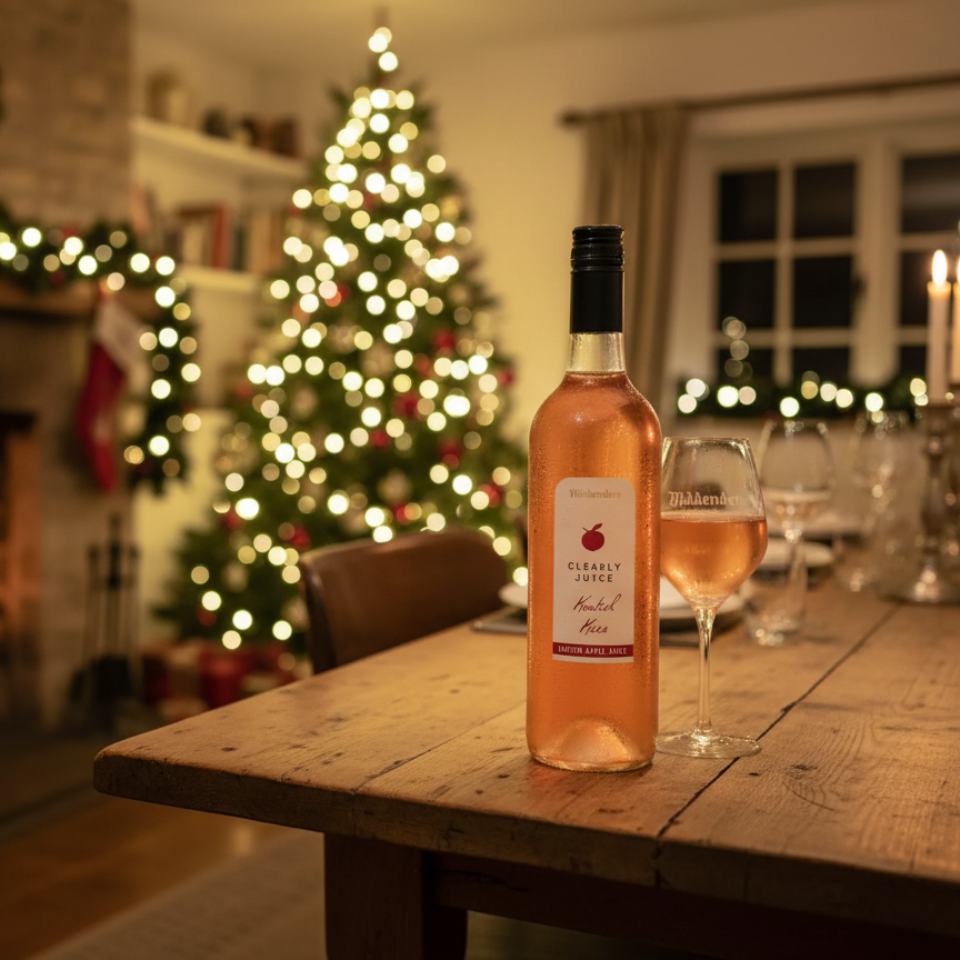 Bottle of Clearly Juice from Biddenden on a wooden table with a Christmas tree in the background